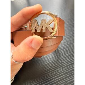 Authentic Michael Kors Brown Leather Belt Gold Crystal MK Buckle S/M READ BELOW